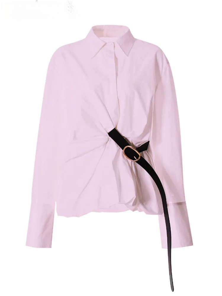 Solid Color Lapel Neck Long Sleeve Single Breasted With Belt Shirt For Women 2025 Spring Fashion Female New Blouse Zm620