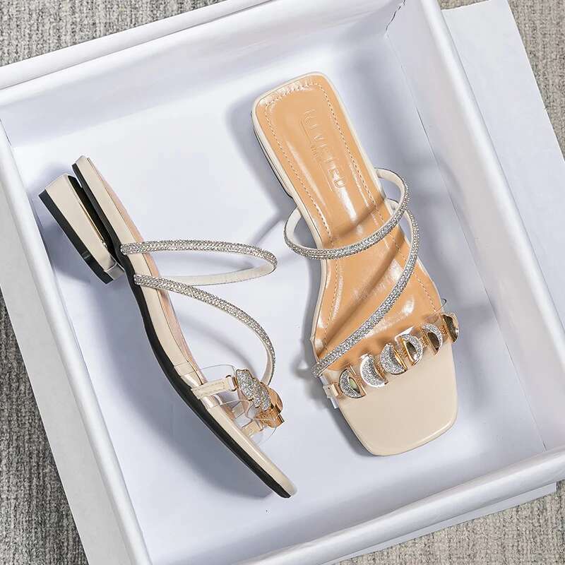 summer new 2025 women's slippers outdoor sandals casual flat shoes Stylish metal design Korean style office wear Large size 43