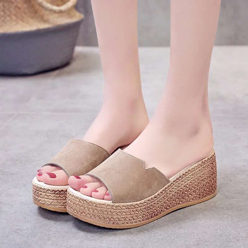 Summer 2025 Female Outside Leather Beach Slippers Platform Water Wedge Heel Cotton Fabric Heels Rubber Brief Toe Slides