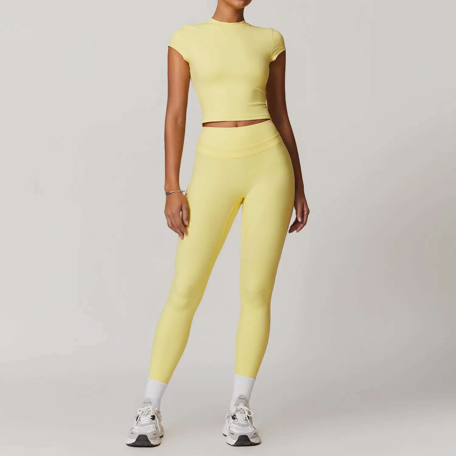 Mikeyoga 2Pcs Yoga Set Women Sportswear Workout Clothes Athletic Wear Gym Legging Fiess Bra Crop Top Short Sleeves Sports Suit