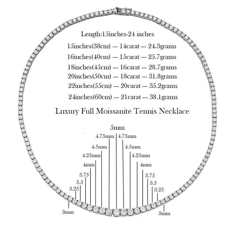 NKHOG 14-24 inch All Moissanite Tennis Necklace For Women Sterg Sier Plated Gold Pass Dia Test Pendant Jewelry