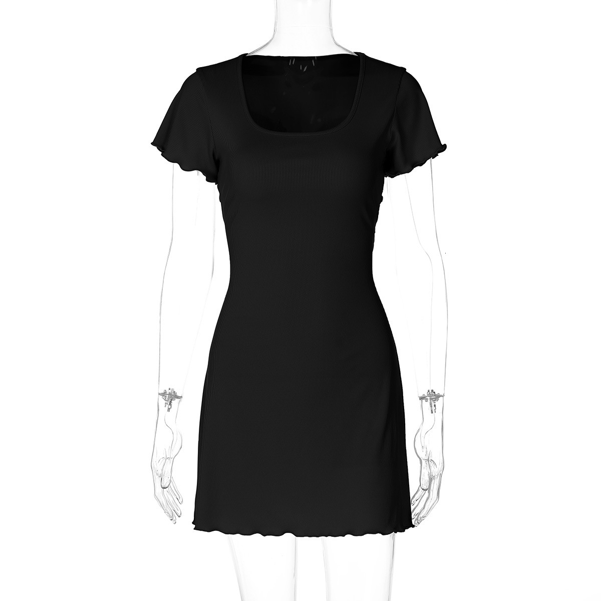 Wind Women's Clothing New4 Summer New Product Fashion Street Photography Solid Color Slim Fit Wave Edge Short Sleeved Dress