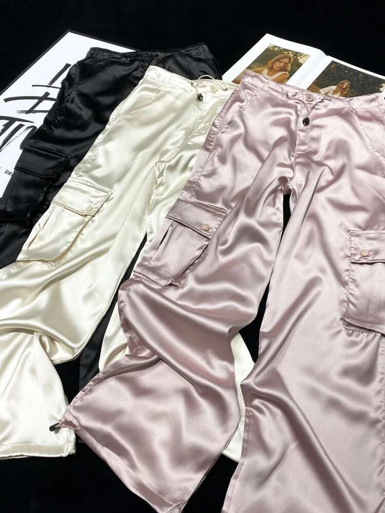 Silk Gorpcore Solid Pink Drawstring Fluid Baggy Cargo Pants Women Black Beige Gray Streetwear Trousers Bottoms