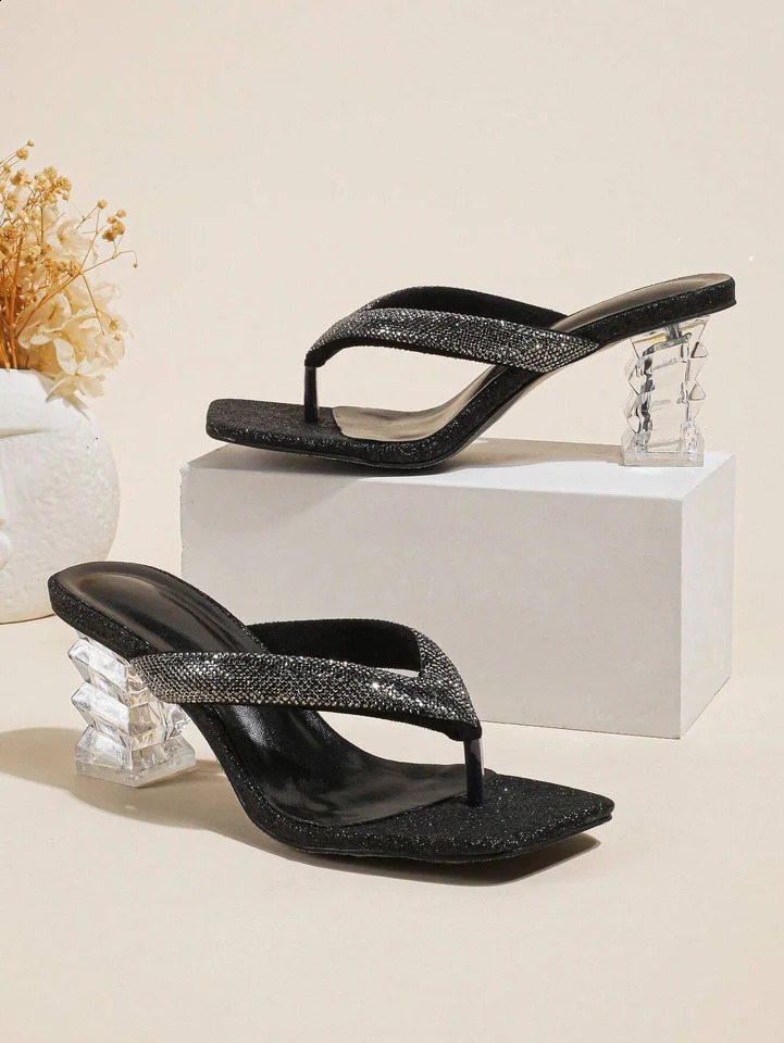 Summer brown rhinestone flip flops womens clip toe sandals for outdoor wear beach shoes dance shoes wedding crystal heels 250218