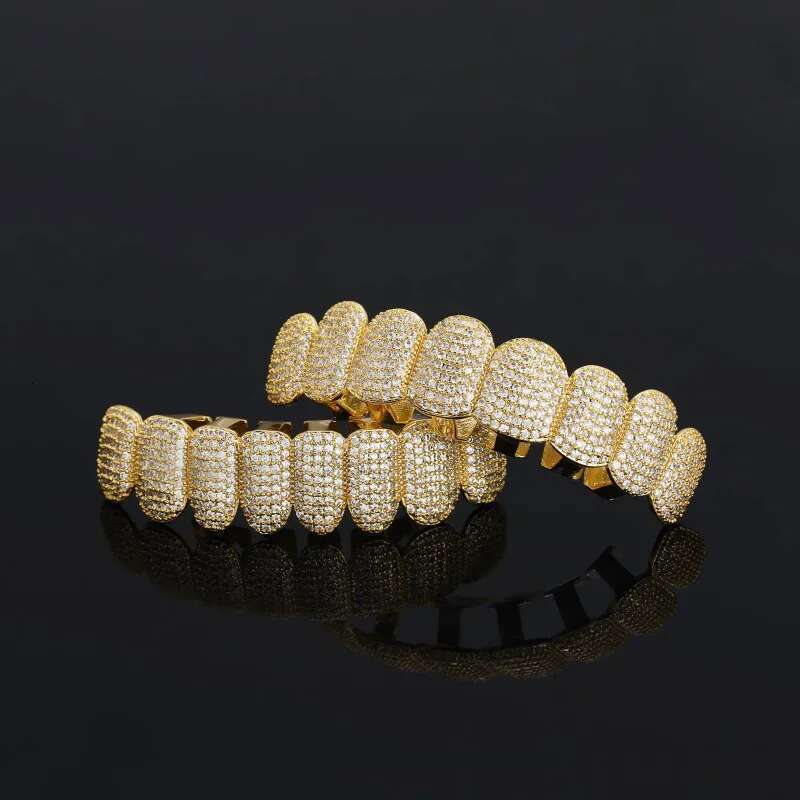 Hip Hop Iced Out Zircon Tooth Grills for Women Men Body Piercing Jewelry Cubic Zirconia Gold Teeth Grillz 8/8 Top Bottom Cap Set