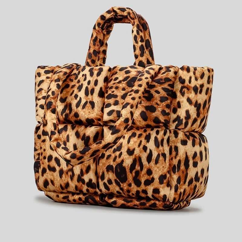 Women Leopard Design Puffy Handbag Large Capacity Quilted Space Down Feather Padded Cotton Tote Bag Winter Warm Shopping Purse