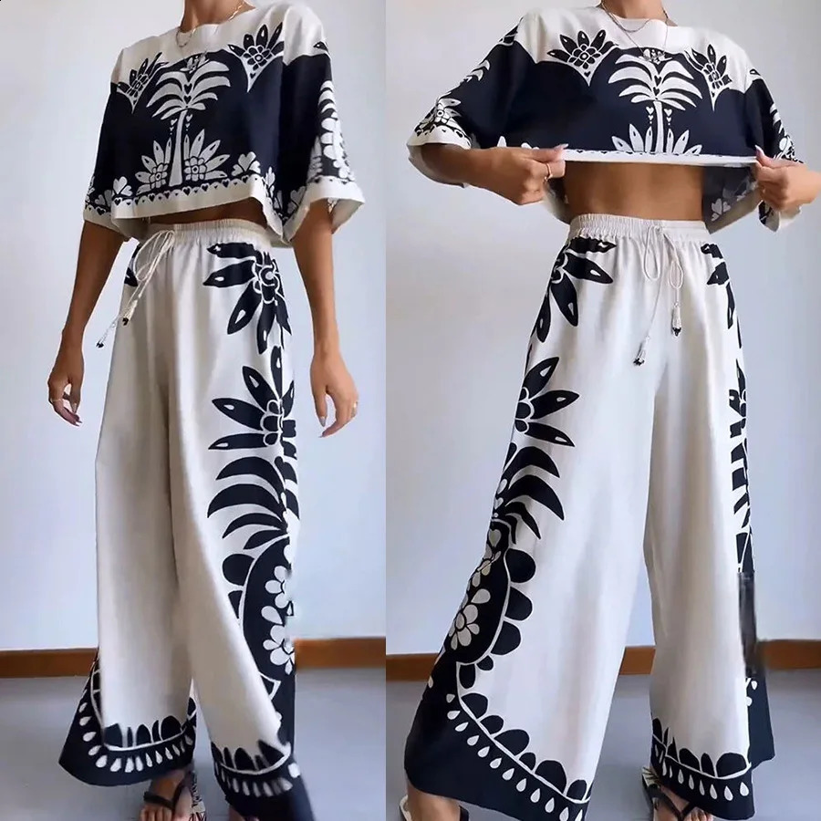 Vintage Print Woman Tank Top Trousers Suit O Neck Half Sleeved Loose T-shirt Pants 2pcs Set Elastic Waist Chic Vacation Outfit 250225