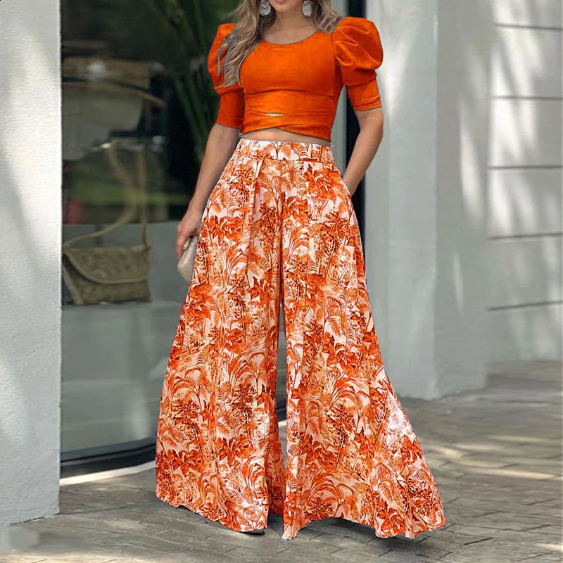Womens Elegant Summer Loose Set Sexy Slant Neck Solid Cut Shirt and Printed Pocket Wide Leg Pants Set Waist Set 250225