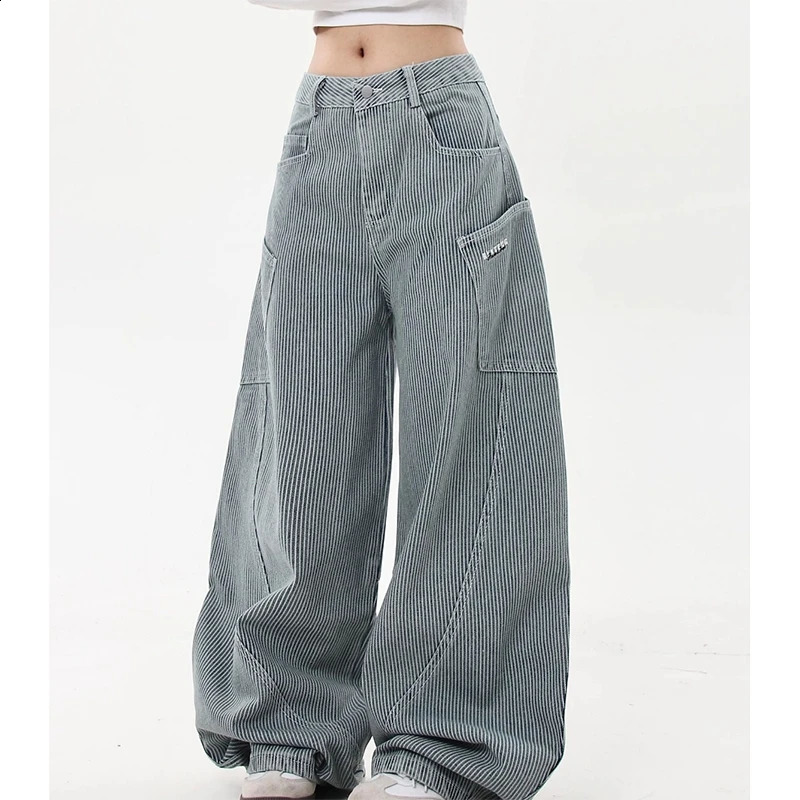 American Vintage Stripe Denim Jeans Women Hip Hop Loose Lazy Dance Trousers Fashion Harajuku Y2K Streetwear Cargo Wide Leg Pants 250225