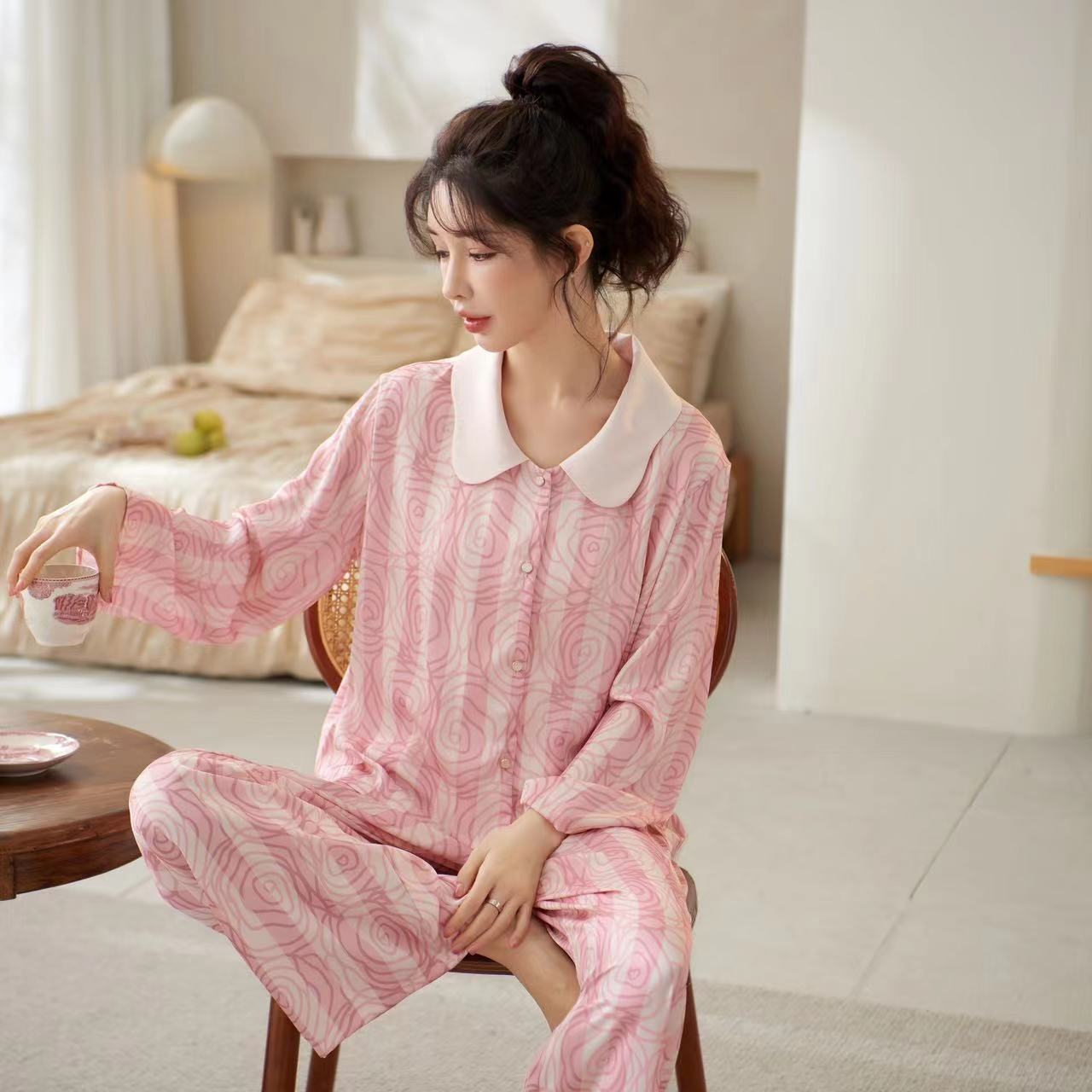 B740-Spring and summer pajamas women's suit rose pink stripes loose willow silk long sleeves thin home clothes pajamas