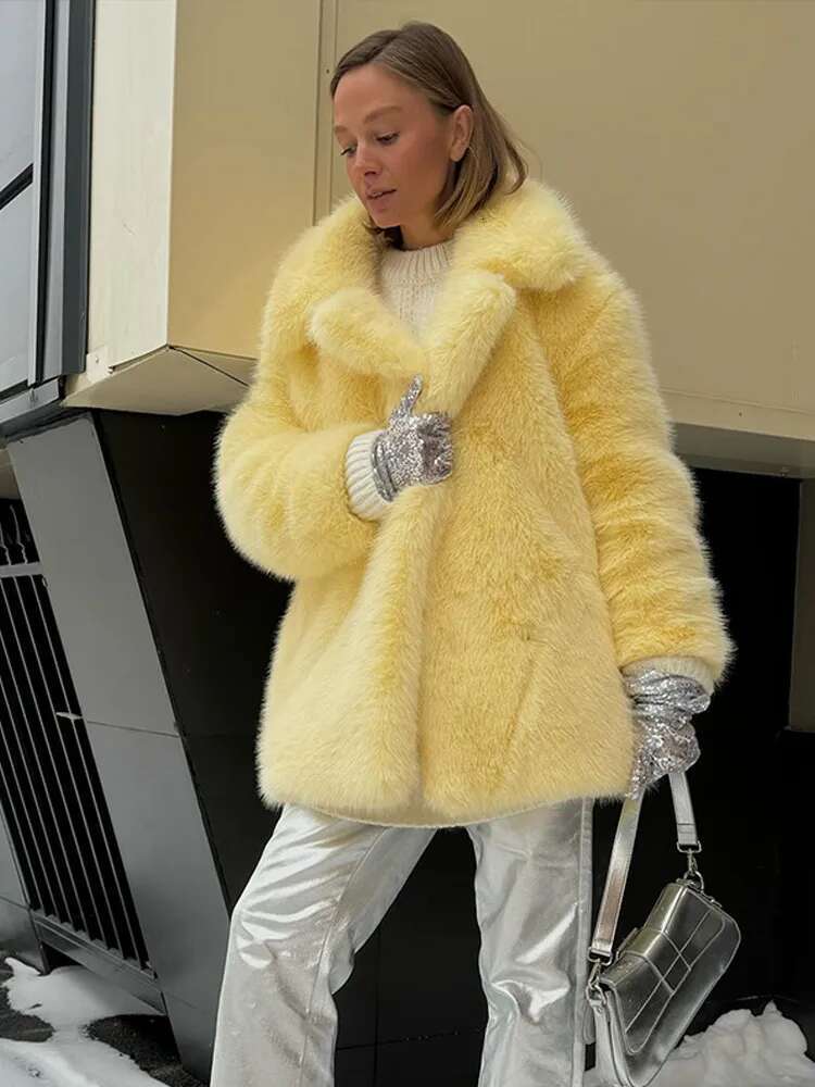 Mid-Length Women's Coat Suit Collar Loose Imitation Fox Plush Coats Warm Soft Thickened Winter Socialite Fur Overcoat