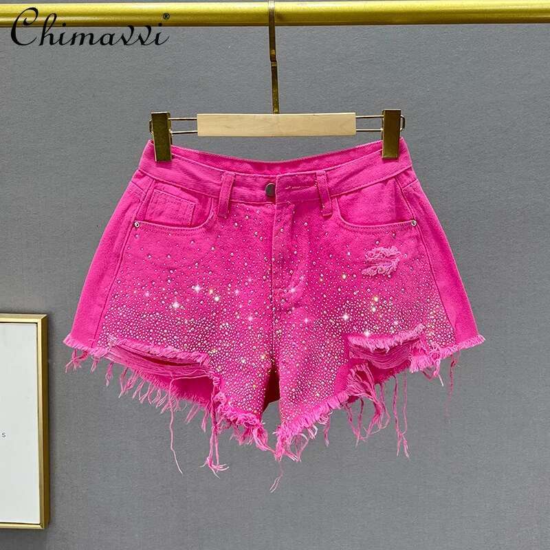 Heavy Ripped Denim Shorts Women's Hot 2023 Summer New High Waist Slimming European Color Rhie Jean Wide Leg Pants