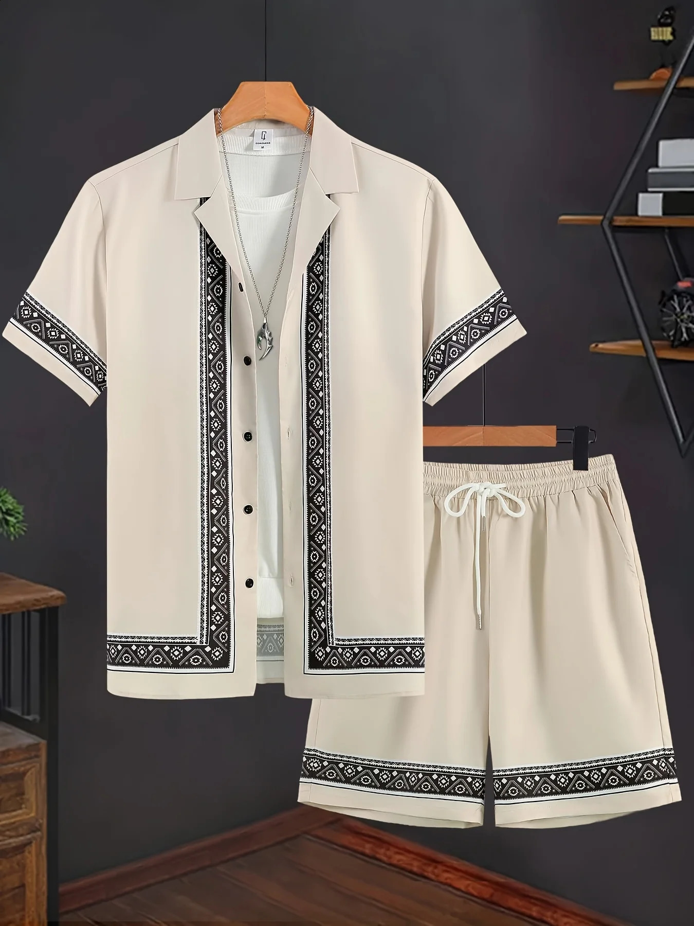 Ethnic Style Mens 2pcs Set Geometric Print Casual Outfits Short Sleeve Button Lapel Shirt Drawstring Shorts Summer Fashion Suit 250224Z