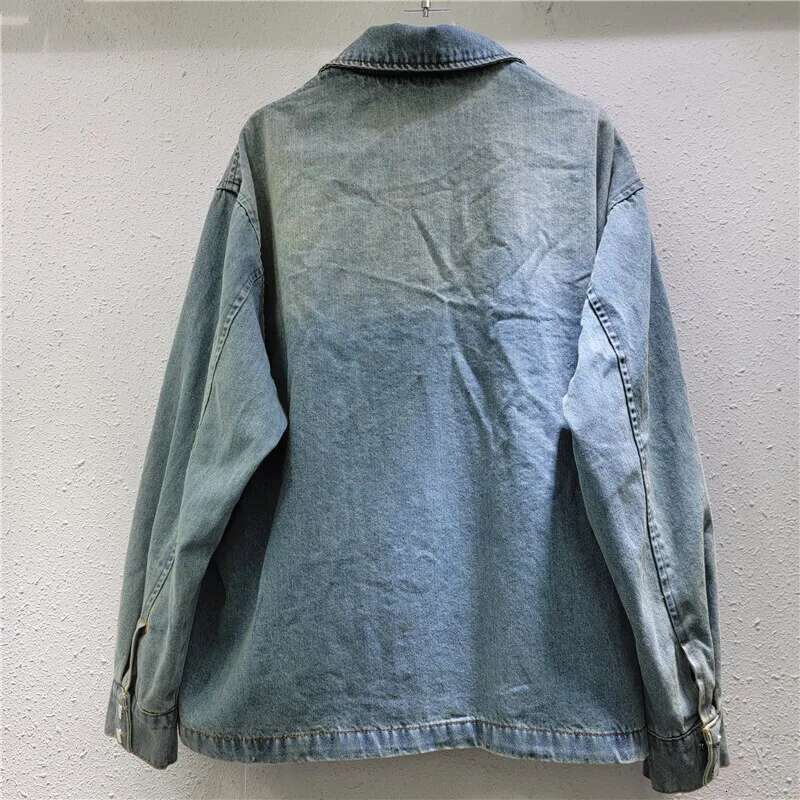 DEAT Women's Denim Coat Patchwork Red Bow Washed Blue Design Female Single Breasted Jackets 2025 Spring New Fashion 29L9359