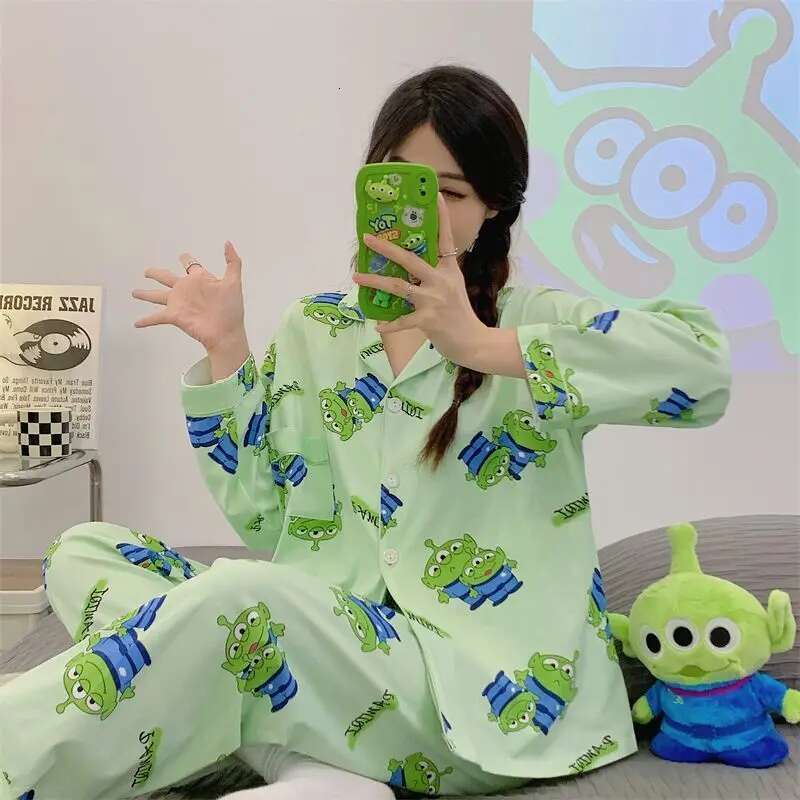 2025 New Cartoon Alien Cute Spring and Autumn Versatile Fashion Designer Men and Women Can Wear Long Sleeve Home Pamas Set