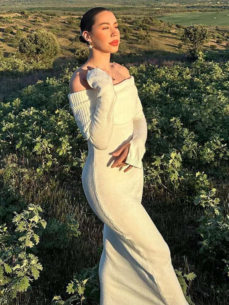 Designer Sexy Slash Neck Off Shoulder Party Midi Dress Women Kint Split Long Sleeve Ribbed Lady Knitwear Hip Package Black White Robe
