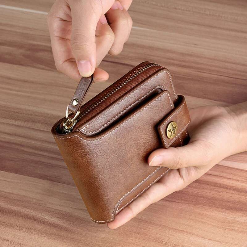 Retro Men's Short Strap Zipper Multi Slot Wallet Solid Color PU Leather High-quality And Durable Wallet Convenient For Men's Wear
