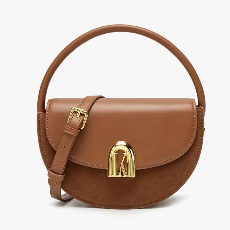 Design Genuine Leather Splice Scrub Faux Suede Round Handle Handbag Women's Half Moon Shoulder Crossbody Bag