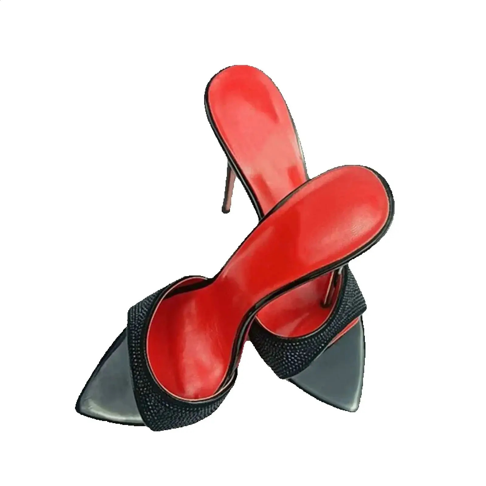 Arden Furtado Summer Suede Pointed Open toe Slip-on Thin heel Super high heel Sexy Crystal Word slippers Outdoor wear Mules 250228