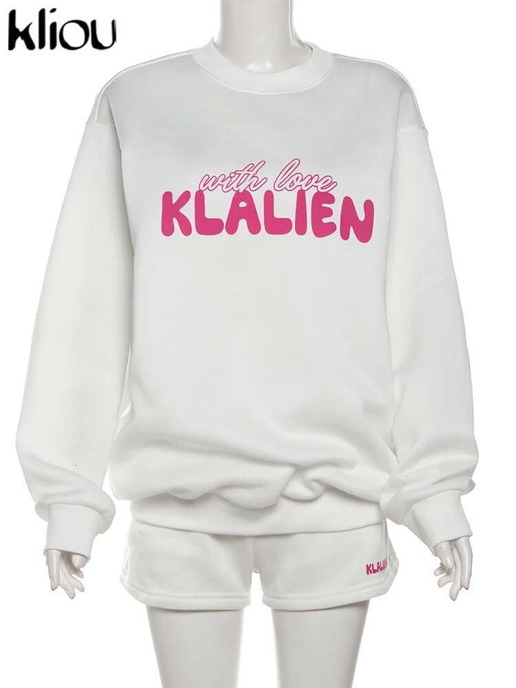 Kliou Casual Printed 2 Piece Women Concise Autumn Simple Long Sleeve O-Neck Sweatshirts+Elastic Waist Shorts Mujer Tracksuits