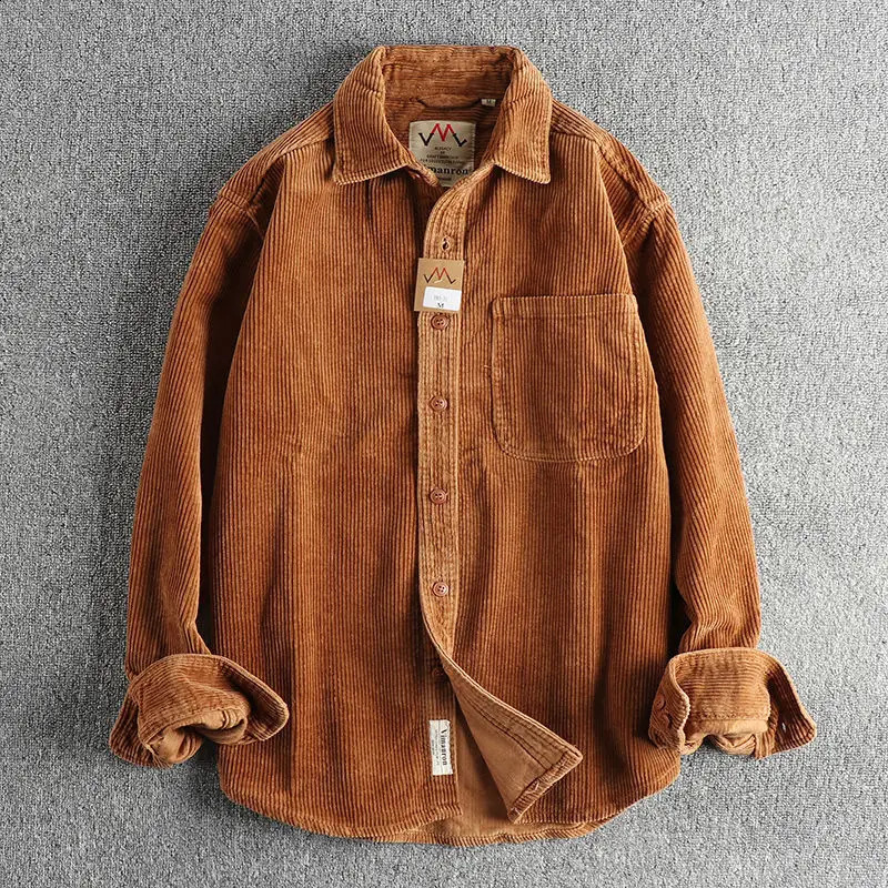 Spring and Autumn Mens Button Simple Casual American Loose Retro Pocket Collar Jacket Mens Autumn 250225