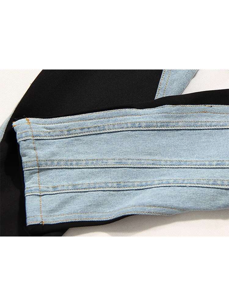2023 Patchwork Colorblock Women's Jeans High Waist Slim Casual Straight Denim Pencil Pants Female Fashion