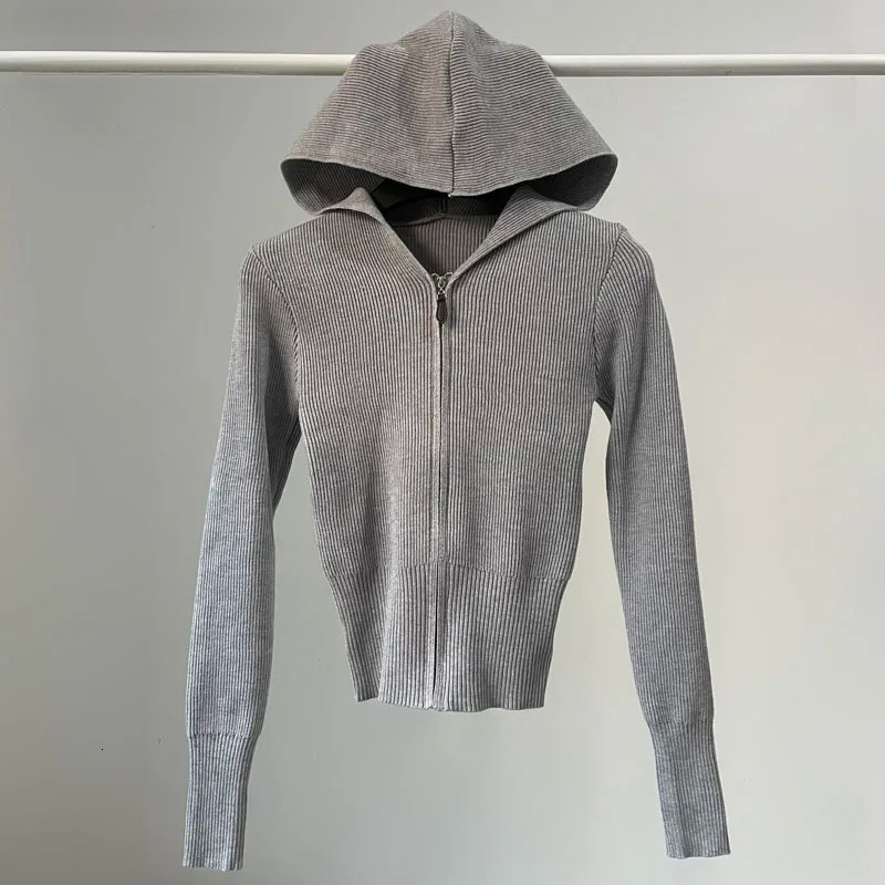 Hooded Slim Solid Cropped Zipper Cardigan Women Crochet Knitwear Knitted Top Jacket Korean Gray Black Beige Brown