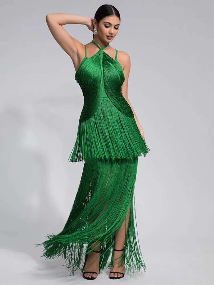 Women Celebrity Sexy Sleeveless Tassel Green Maxi Long Bandage Dress 2024 Knitted Elegant Evening Club Party Outfit