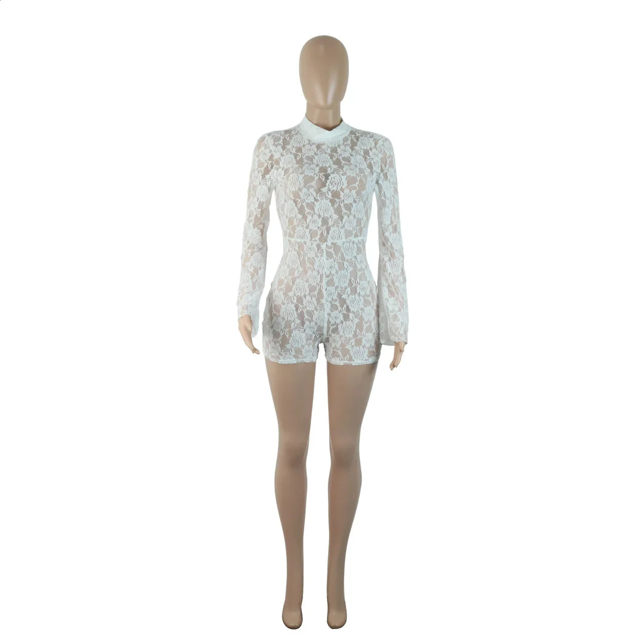 Sexy See Through Floral Lace Falre Sleeve Jumpsuits and Rompers Transparent Full Sleeve Overall for Women 250226