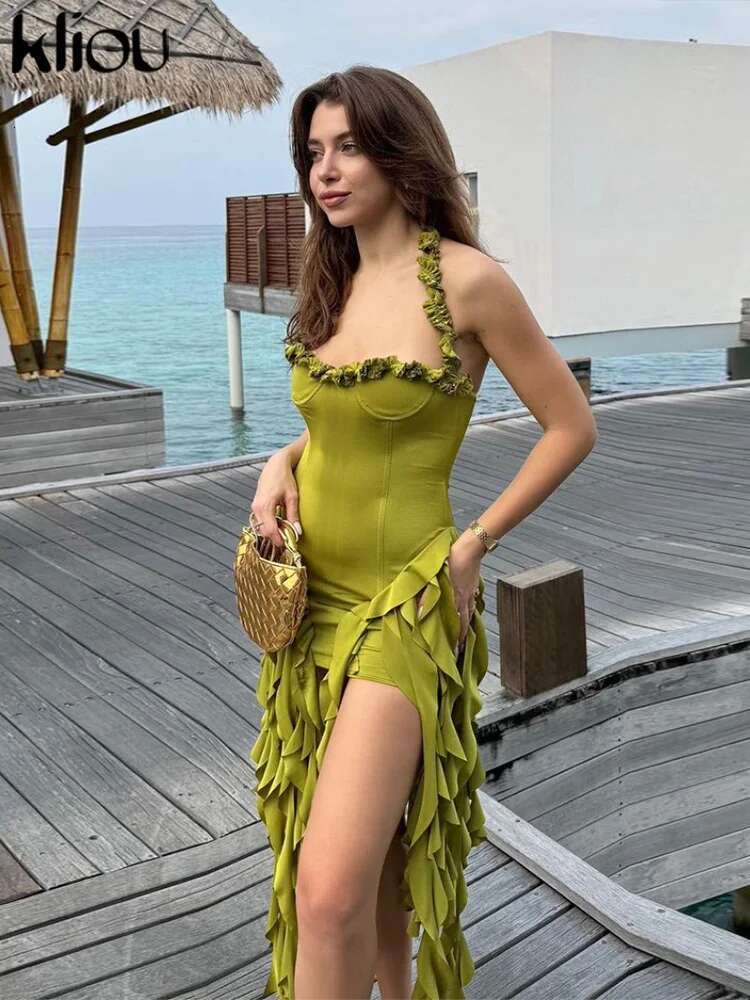 Kliou 2024 Summer New Style Women Fashion Street Shooting Pure Desire Sexy Irregular Slim With Neck Hanging Dress K24d45049