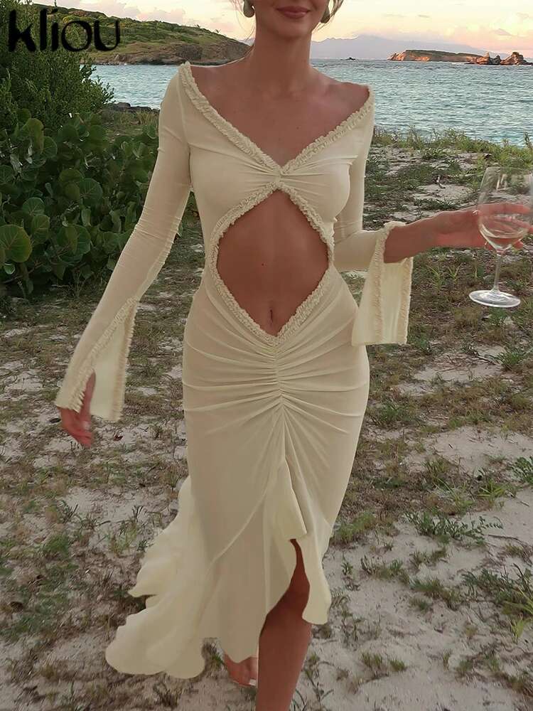 Kliou Solid Mesh Maxi Dresses Women Patchwork Hollow Out Long Sleeve Asymmetrical Beach Style Bodycon Female Concise Attirewear