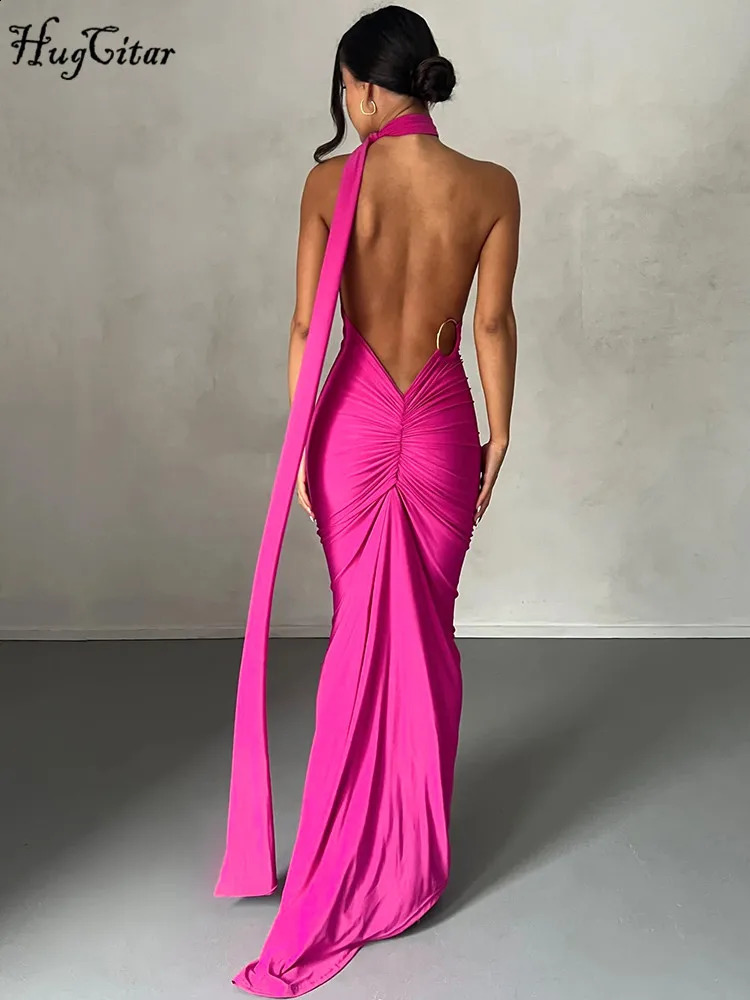 Hugcitar One Shoulder Backless Adjustable Scarf Loop Ruched Sexy Maxi Dress 2025 Women Elegant Y2K Streetwear Festival Outfit 250228