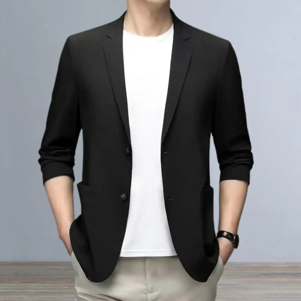 Mens Blazers Formal Summer Suit Coat Business Lapel Long Sleeves Double Buttons Anti-wrinkle Solid Cardigan Loose Work Jacket 250228
