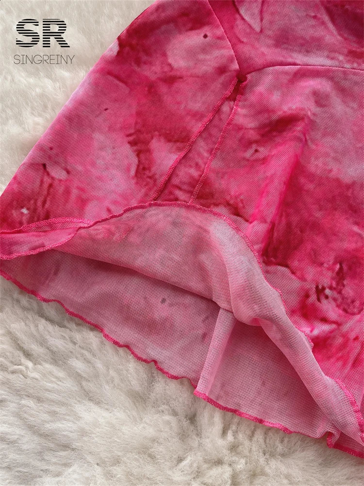 SINGREINY Fashion Sexy Two Piece Set Women Strap Camisole Ruffles Elastic Waist Mini Skirt Vacation Summer Slim Pink Suit 250228