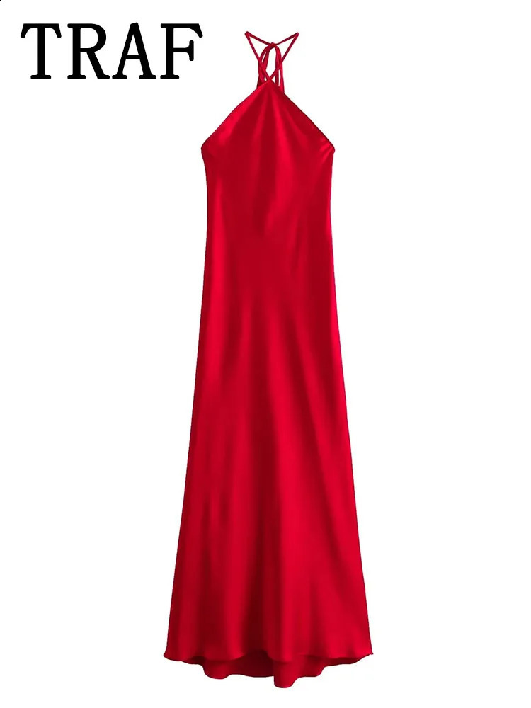 TRAF Halter Long Dresses for Women Backless Satin Dress Woman Off Shoulder Sexy Midi Dresses Elegant Evening Party Dress 250226