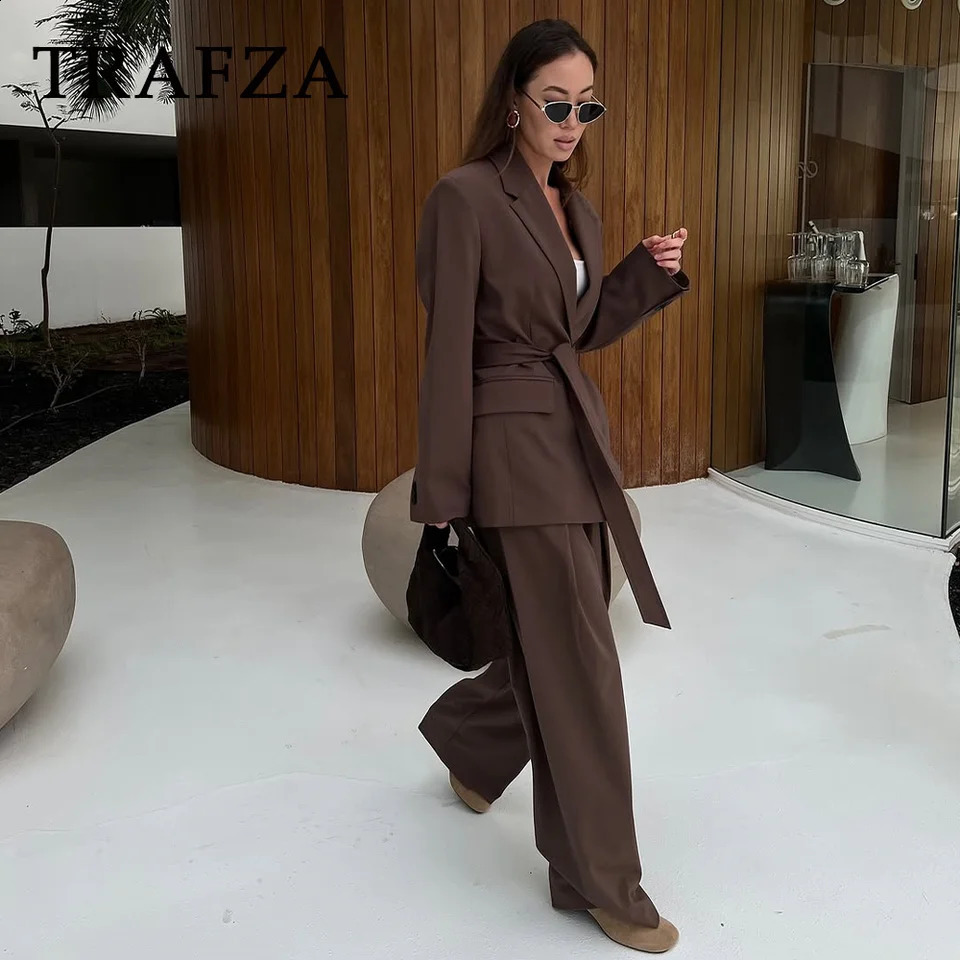 TRAFZA 2025 Spring Summer Office Lady Elegant Solid Women Suit Fashion Casual Sashes Straight Shrug Blazer Chic Zipper Long Pants 250225