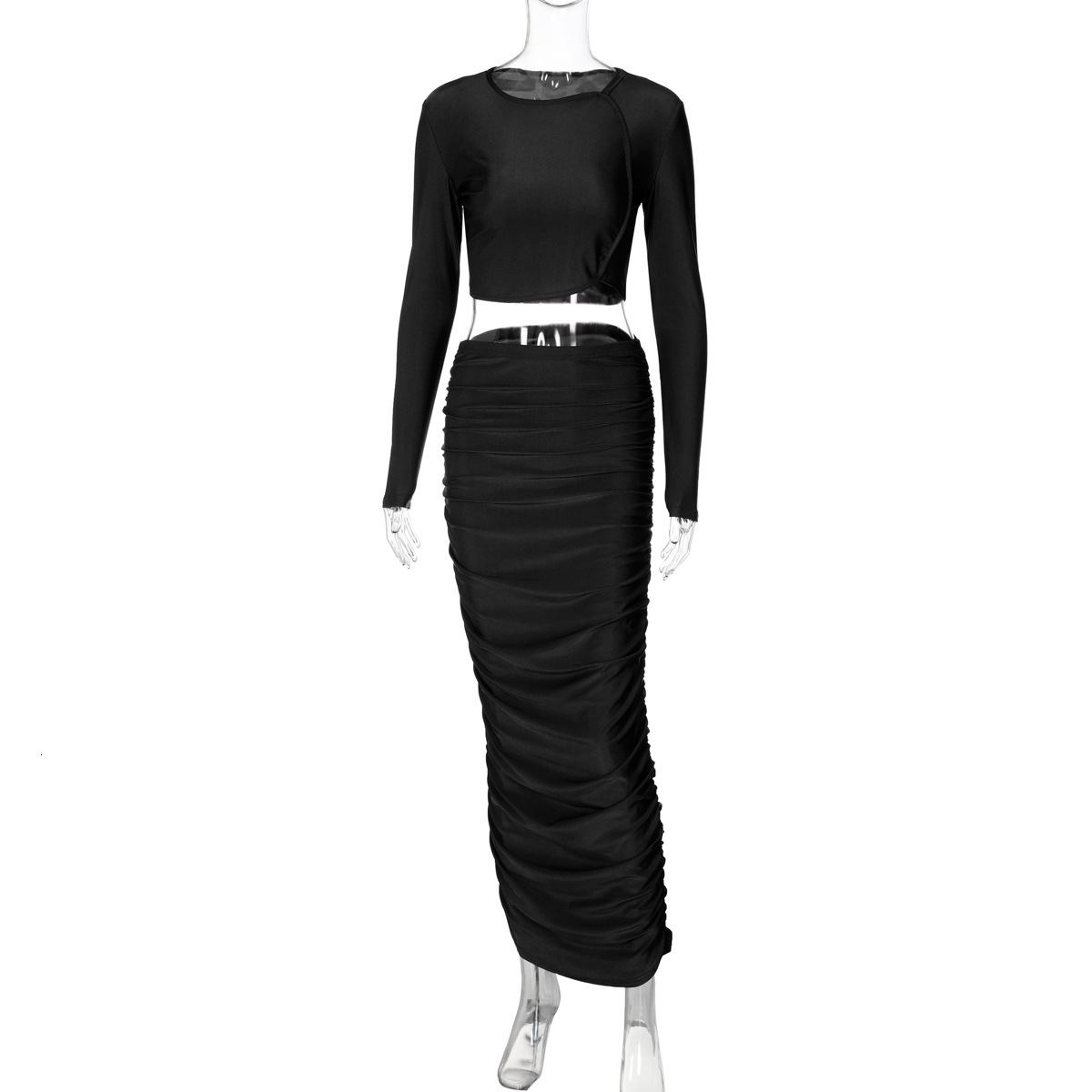 Hot Selling Women's Clothing New4 Autumn New Product Fashionable Crop Exposed Long Sleeved Top Slim Fit Pleated Skirt Set