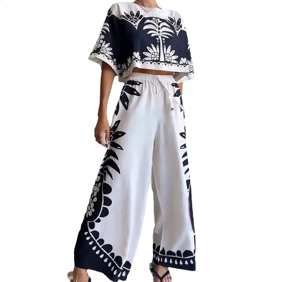 Vintage Print Woman Tank Top Trousers Suit O Neck Half Sleeved Loose T-shirt Pants 2pcs Set Elastic Waist Chic Vacation Outfit 250225