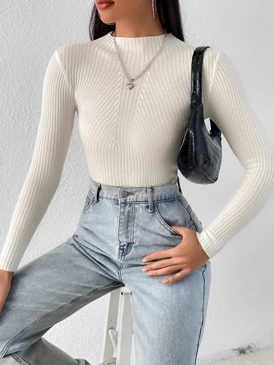 Autumn Winter Women Striped Solid Slim Y2k Turtleneck Blouse Sweater Pull Fashion Knitwears Pullovers Clothing Jumper Top 250225