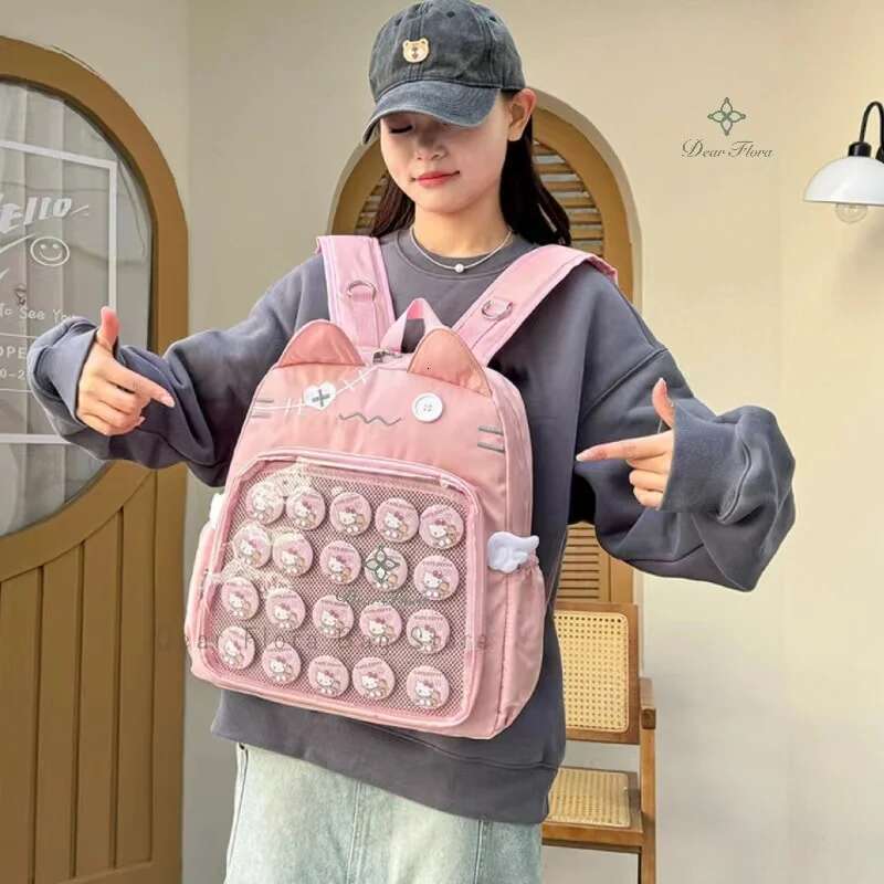 Y2k New Cute Cat Transparent Backpack Kawaii Haruku Girl Ita High-Capacity Student Knapsack Teenage DIY Display School Bag