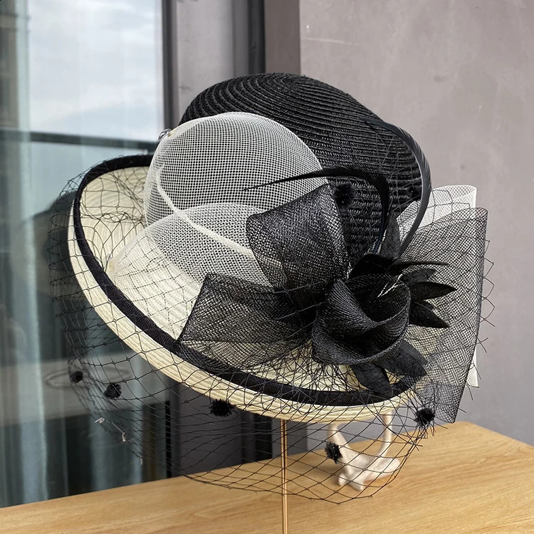 Summer Straw Hat For Women Elegant Charming Flower Party Church Britain Retro Curl Brim Sunbonnet Outdoor Sunshade Beach Cap 250228