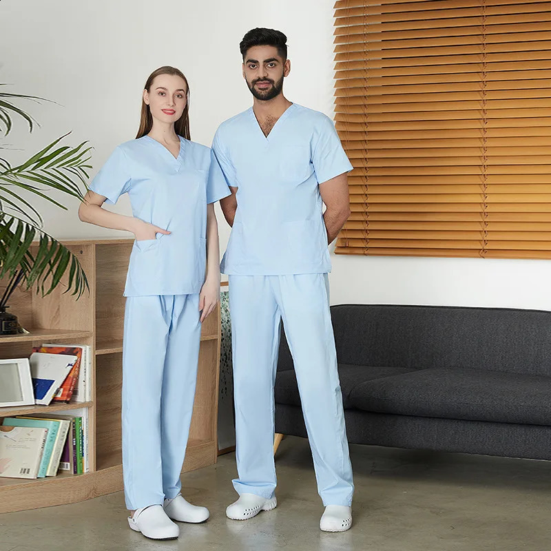V-Neck Hospital Uniforms Set Nurse and Doctors Work Suits with Hand Scrubbing Clothes 65polyester 35cotton scrub sets 250225