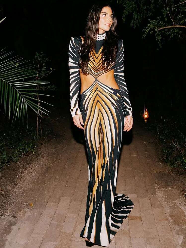 Kliou Stunning Print Women Maxi Dress Autumn New 2024 Panelled Long Sleeve Stand Collar Waistless Bodycon Female Party Vestidos