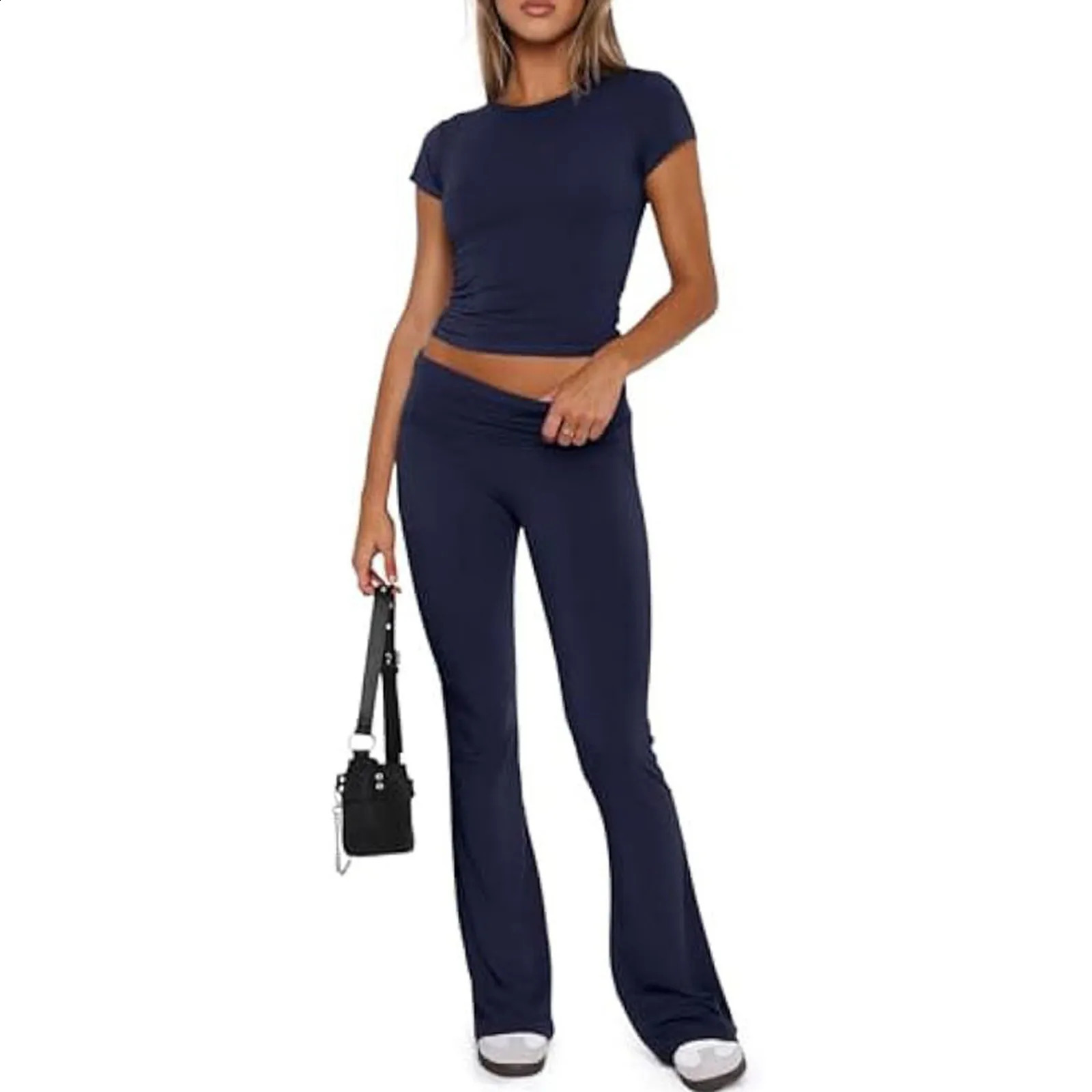 Fashion Womens 2 Piece Lounge Sets Short Sleeve Crop Top Foldover Flare Pants Casual Pajama Outfits Set Female Casual Tops 250225