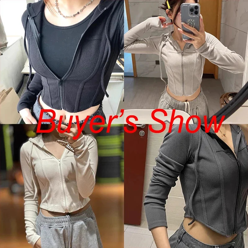 Streetwear Slim Fit Cropped Jacket Women Korean Fashion Long Sleeve Hooded Crop Top Woman Wild Ribbed Zipper Up Sweatshirt 250225