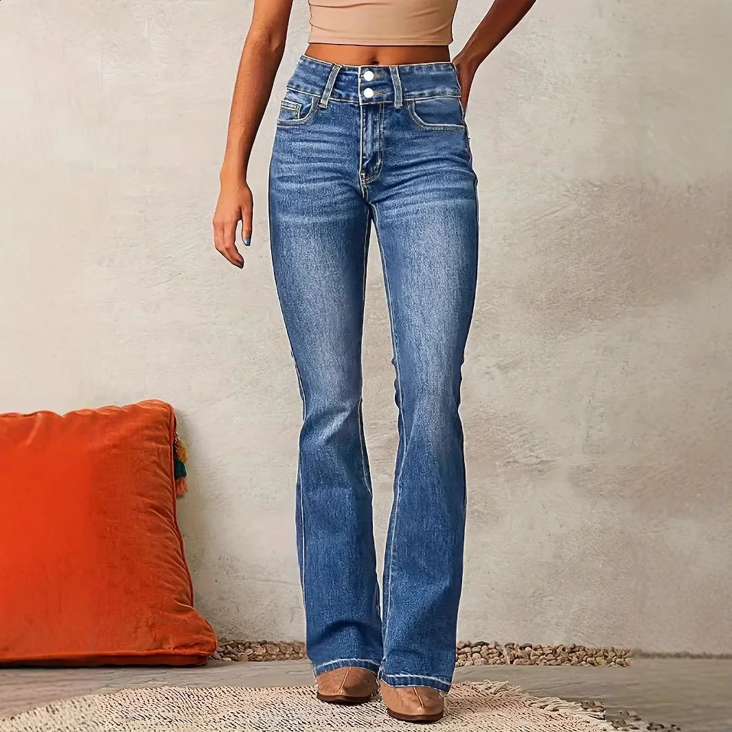 Jeans Flare Pants Womens Denim Long Pants Bodycon Casual Y2k Elegant Vintage Button Pocket Straight Trousers Zipper Streetwear 250225