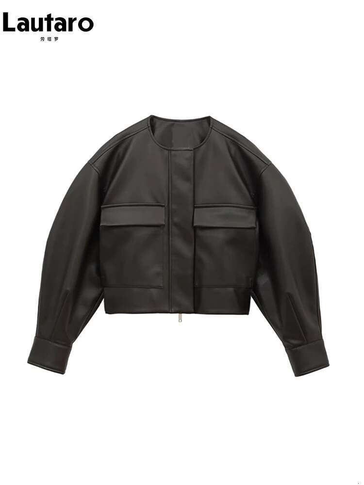 Designer Autumn Cool Oversized Short Black Soft Pu Leather Jacket Women With Front Pockets Long Sleeve Designer Clothing