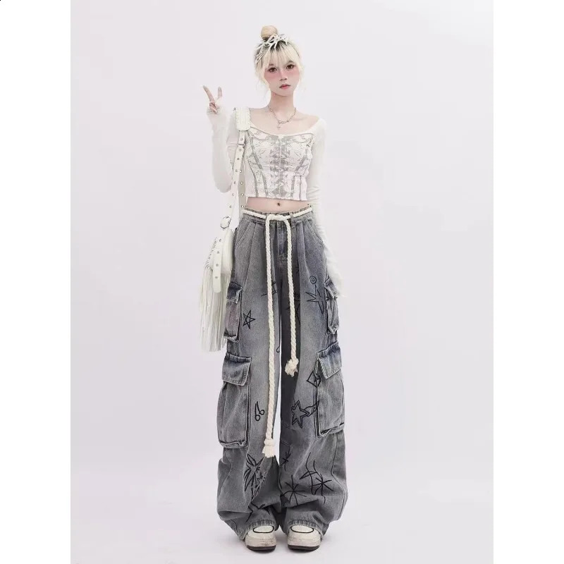 European and American Street Fun Graffiti Multi Pocket Work Jeans Women Spring High Waist Loose Wide Leg Floor Dragging Pants 250224