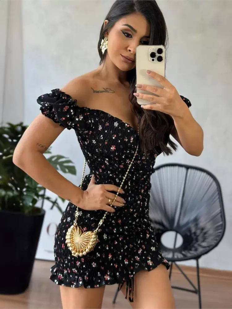 2024 Summer Slim Mini Floral Dres Sexy Vneck Backless Ruffles One Shoulder Dresses Female Fashion Commuting Clothing 250227