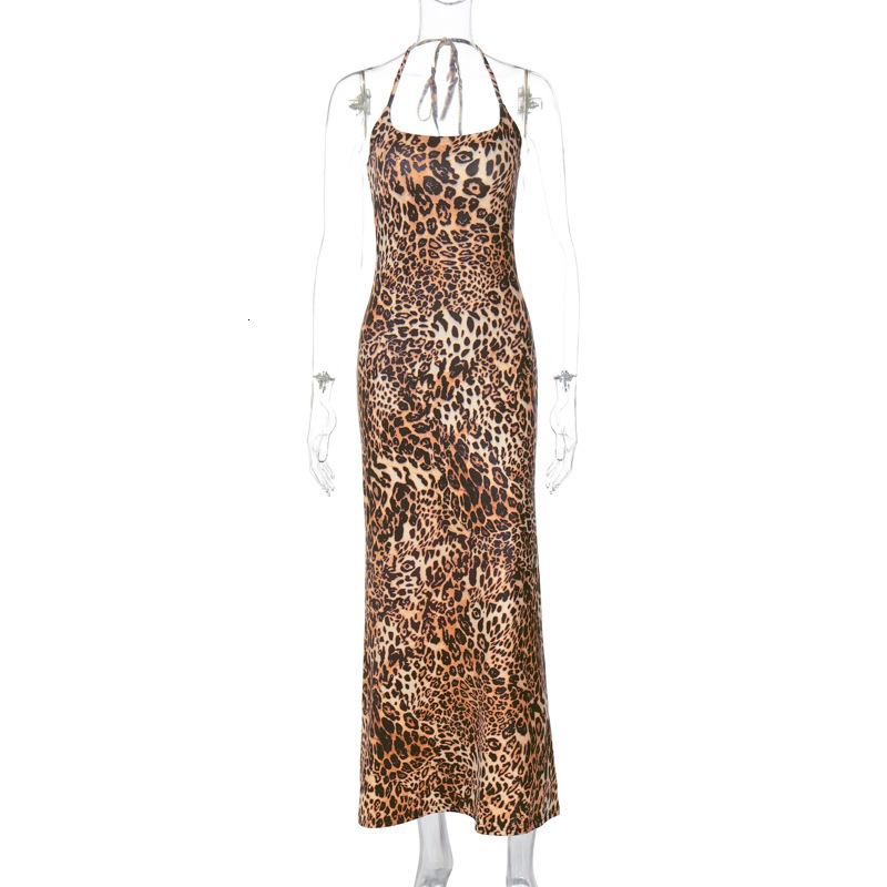 Women's New4 Summer New Fashion Sexy Off Back Lace Up Leopard Print Dress